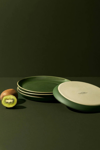 Epa Stoneware Flat Dessert Plate, 7.9"; Set of 4; Matte & Gloss Green