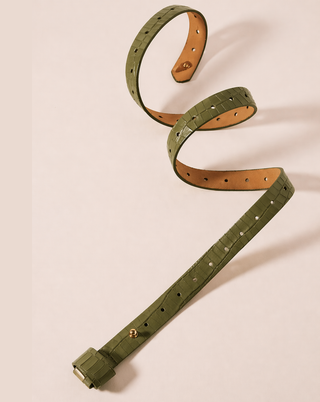 Iris Adjustable Leather Belt; Jungle Olive Croc Print