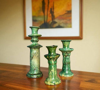 Handmade Tamegroute Candleholder Set – Tall Green Moroccan Pottery: Set of 3 Ceramic Glazed Pottery