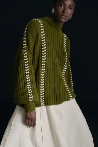 Mayu Alpaca Wool Sweater, Olive & Ivory