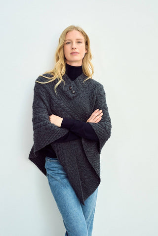 Easkey Ladies Classic Button Poncho, Charcoal