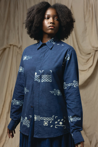 Cuffie Block Print Shirt, Indigo Flag