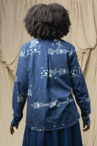 Cuffie Block Print Shirt, Indigo Flag