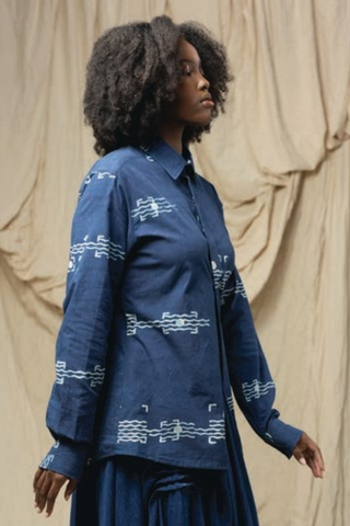 Cuffie Block Print Shirt, Indigo Flag