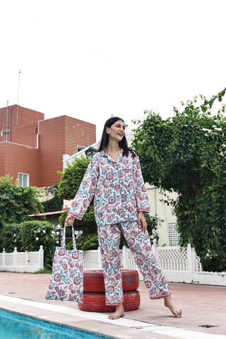Block Printed Pajamas, Rose & Teal