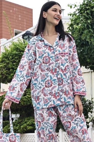 Block Printed Pajamas, Rose & Teal