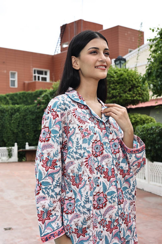 Block Printed Pajamas, Rose & Teal