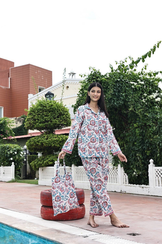 Block Printed Pajamas, Rose & Teal