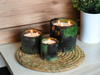 Luxury Handmade Moroccan Shaded Green Tamegroute Scented Soy Wax Candle with Ceramic Holder: Fleur D'Oranger / Medium