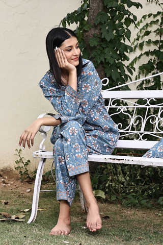 Block Printed Pajamas, Blue & Orange