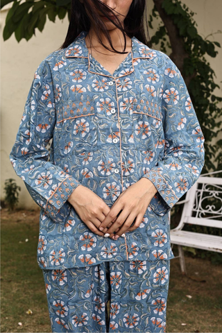 Block Printed Pajamas, Blue & Orange