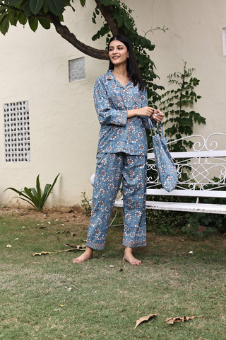 Block Printed Pajamas, Blue & Orange