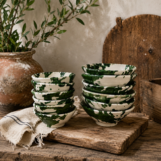 Handmade Green Splatter Ceramic Bowls | Rustic Moroccan Serving Bowls ( SET OF 6 )