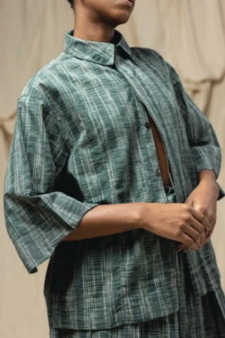 Pore Khadi Cotton Shirt, Evergreen Crosshatch