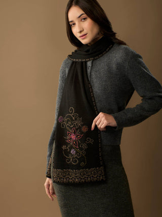 Hand Embroidered Alpaca Wool Scarf, Floral