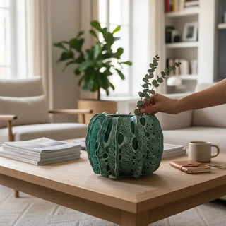 Sculptural Green Ceramic Vase Handmade Moroccan Artisan Vessel
