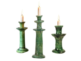 Handmade Tamegroute Candleholder Set – Tall Green Moroccan Pottery: Set of 3 Ceramic Glazed Pottery
