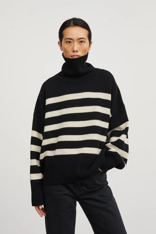 Silene Turtleneck Merino Sweater, Black & Sand Stripe