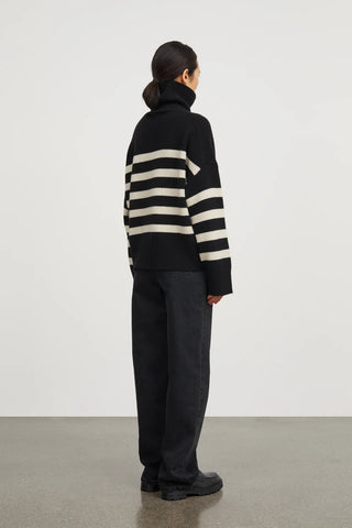 Silene Turtleneck Merino Sweater, Black & Sand Stripe