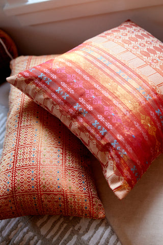 Metallic Endek Handwoven Pillow Cover | Iridescent Tangerine, Grid Weave