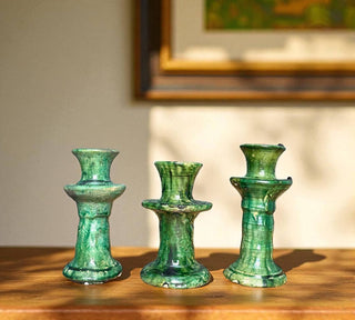 Handmade Tamegroute Candleholder Set – Tall Green Moroccan Pottery: Set of 3 Ceramic Glazed Pottery