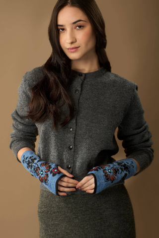 Hand-Embroidered Alpaca Wrist Warmers, Fall Floral