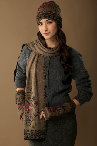 Hand Embroidered Alpaca Wool Scarf, Floral