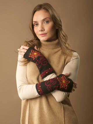 Hand-Embroidered Alpaca Wrist Warmers, Floral