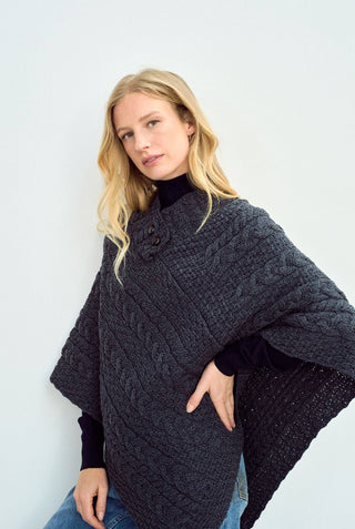 Easkey Ladies Classic Button Poncho, Charcoal