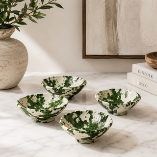 Handmade Green Splatter Ceramic Bowls | Rustic Moroccan Serving Bowls ( SET OF 6 )
