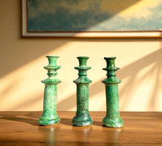 Handmade Tamegroute Candleholder Set – Tall Green Moroccan Pottery: Set of 3 Ceramic Glazed Pottery