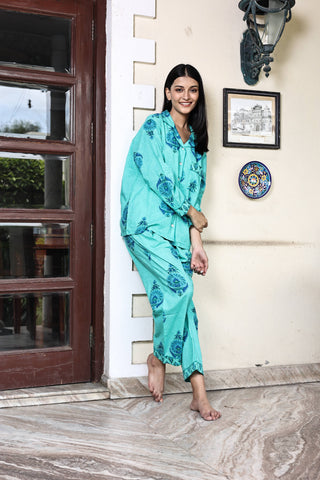 Block Printed Pajamas- 3 Piece Set (Indian Green)