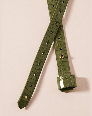Iris Adjustable Leather Belt; Jungle Olive Croc Print