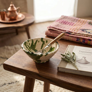 Handmade Green Splatter Ceramic Bowl | Rustic Moroccan Serving Bowl
