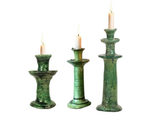 Handmade Tamegroute Candleholder Set – Tall Green Moroccan Pottery: Set of 3 Ceramic Glazed Pottery
