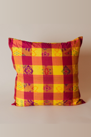 Silk Endek Handwoven Pillow Cover | Sunflower & Fuchsia Ikat Plaid